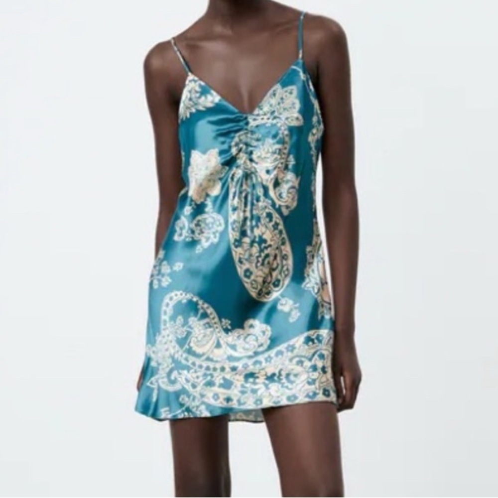 Zara  Blue  and Cream Satin Slip Dress